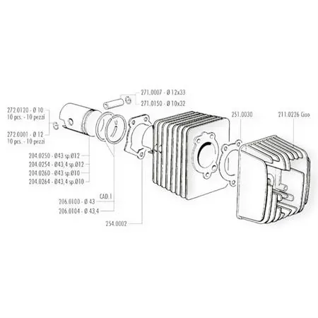Gruppo termico Polini 1400065R Ø43mm Racing testa new model per Piaggio Ciao con spinotto da 12mm