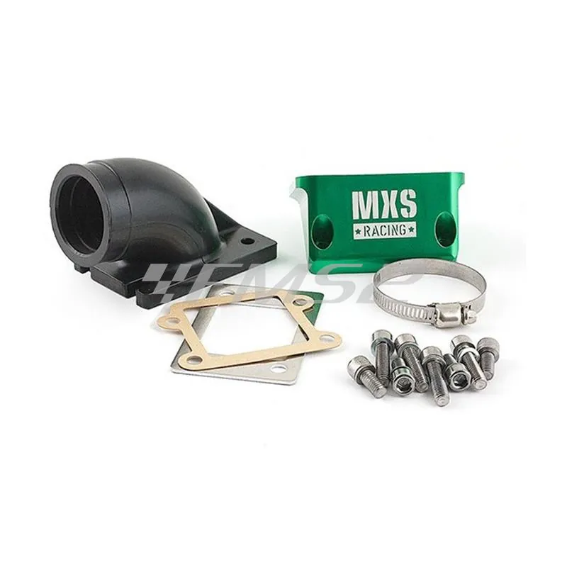 Collettore in gomma con basetta in alluminio di colore verde anodizzato MXS big valve high flow system per scooter con motore Minarelli verticale Booster, ricambio MXS010