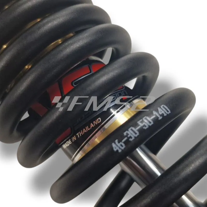 Mono ammortizzatore posteriore YSS con interasse da 250 mm modello OE302-250T-01AL-38 di colore nero, oro e alluminio e regolabile con ghiera filettata, ricambio YSOE25001