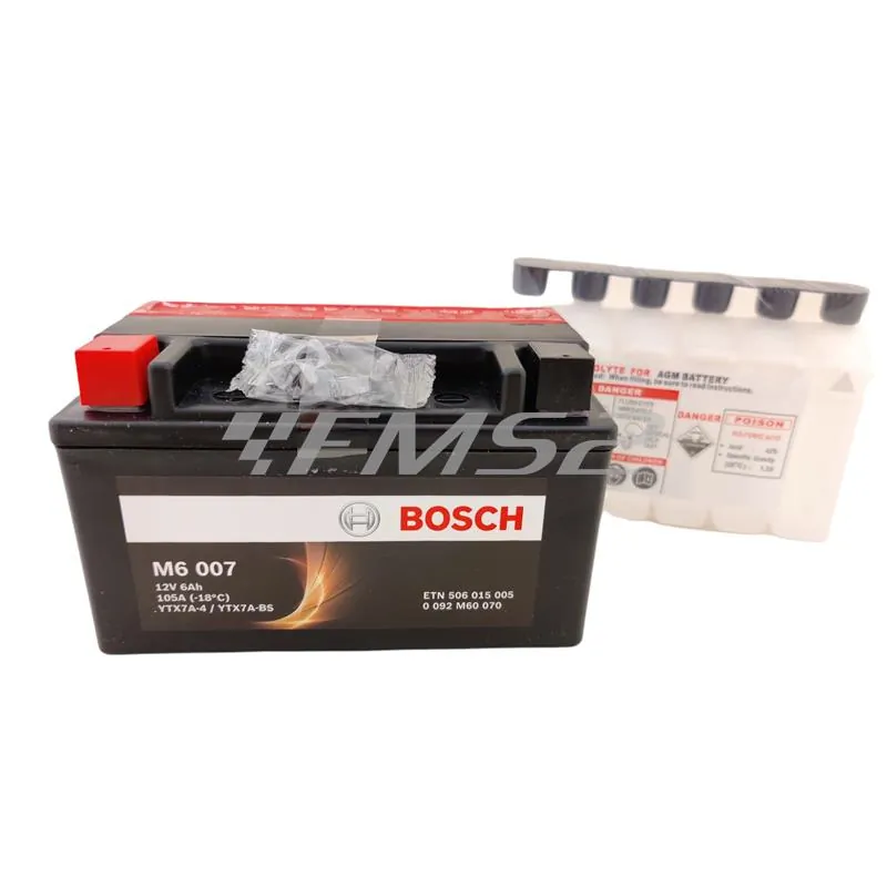Batteria BOSCH  YTX7A-BS, 12 Volt - 6 Ah, tipo MF sigillata con acido a corredo, ricambio 0092M60070