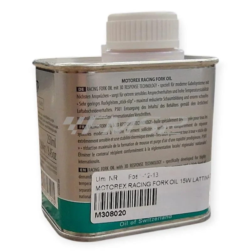 Olio forcelle racing Motorex con densità 15W - lattina da 250 ml, ricambio M308020