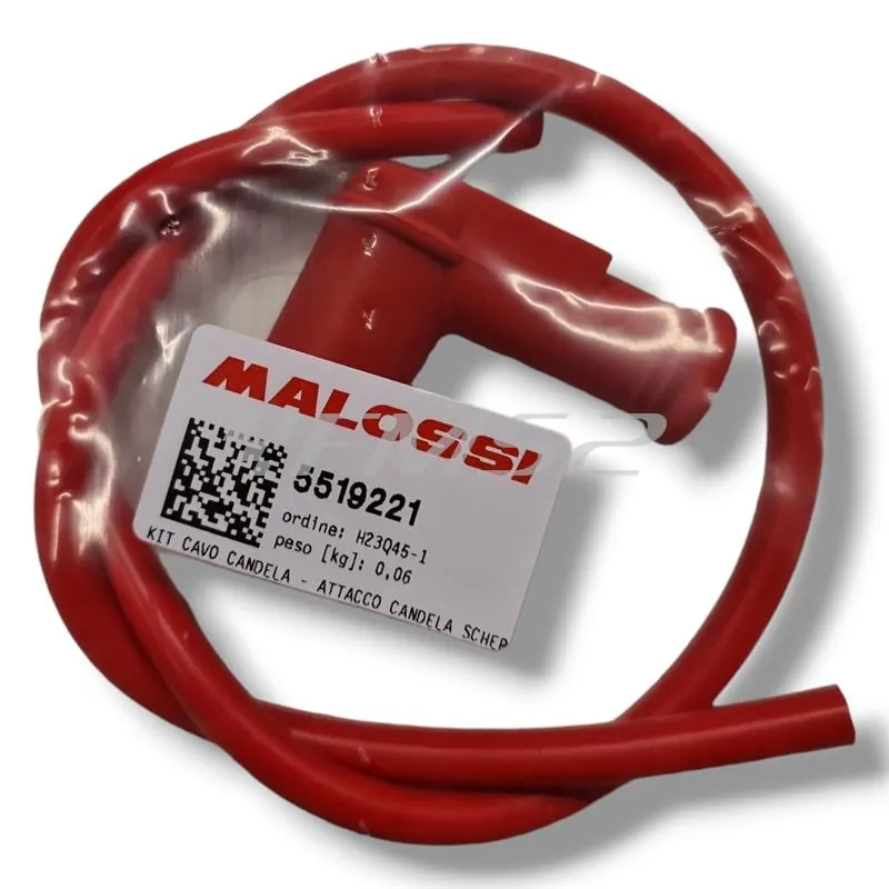 Kit cavo candela Malossi di colore rosso in silicone con pipetta attacco candela in silicone rosso con resistenza 5Kohm e utilizzo su candela con nottolino SAE avvitato, ricambio 5519221