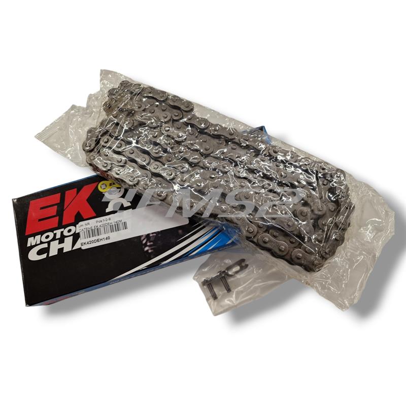 Catena EK Japan con passo 420 DEH con 140 maglie per applicazioni su ciclomotori enduro, motard e stradali, ricambio EK420DEH140