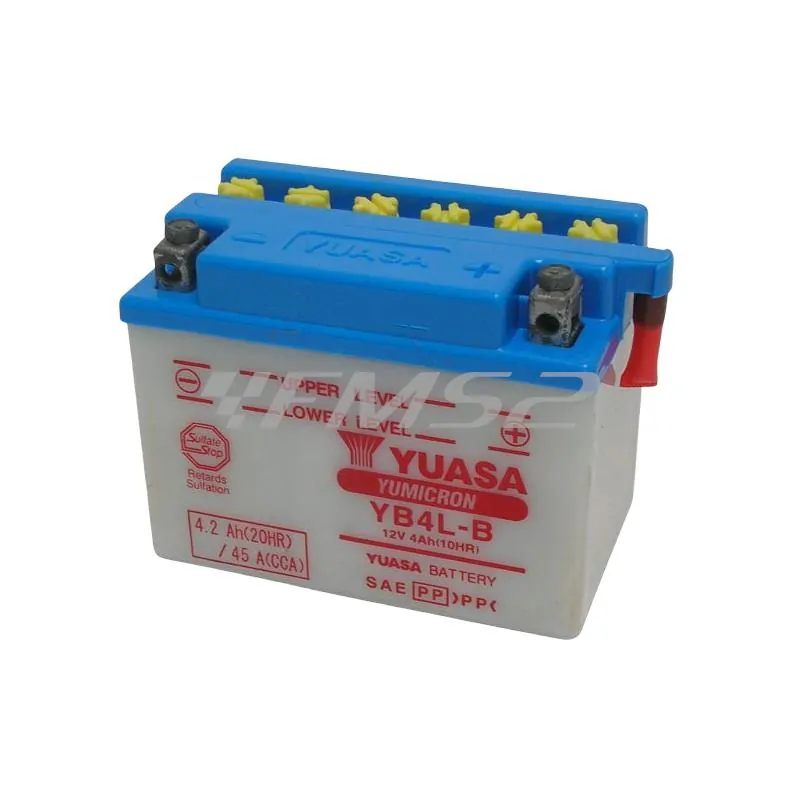 Batteria Yuasa YB4L-B, 12 Volt - 4 Ah (prodotto originale PIAGGIO) senza acido a corredo, ricambio 234390