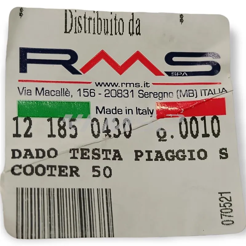 Dado rondellato RMS m6 x 1 per chiusura testa scooter Piaggio Gilera e Minarelli verticale, ricambio 121850430