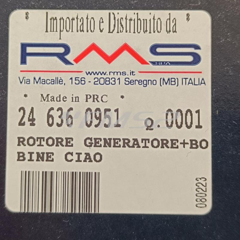 Volano rotore generatore RMS completo di bobina alimentazione e bobina luci per Piaggio  Ciao, Si, Boxer, Bravo con accensione a puntine, ricambio 246360951