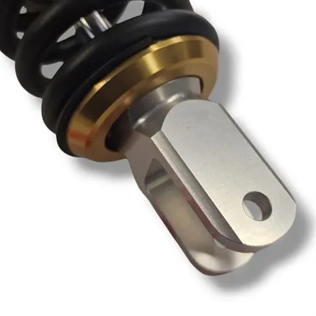 Mono ammortizzatore posteriore YSS con interasse da 250 mm modello OE302-250T-01AL-38 di colore nero, oro e alluminio e regolabile con ghiera filettata, ricambio YSOE25001