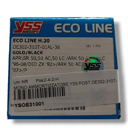 Ammortizzatore posteriore YSS eco line H.20 OE302-310T-01AL-38 con interasse da 310 mm colore Oro e Nero per scooter con motore Minarelli, ricambio YSOE31001