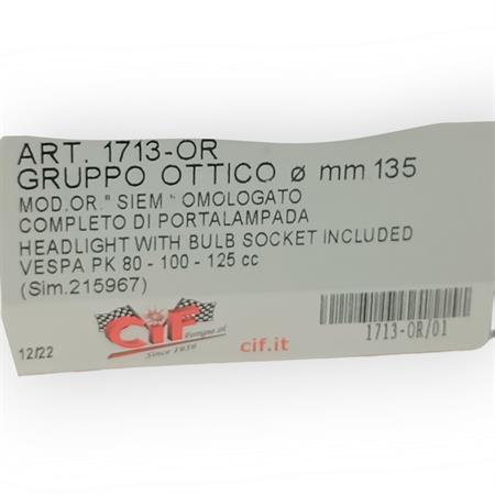 Gruppo ottico orig.siem - ? mm.135 vespa pk, ricambio 1713-OR