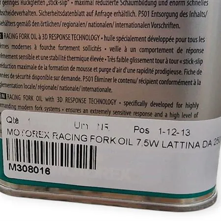 Olio forcelle racing Motorex con densità 7,5W - lattina da 250 ml, ricambio M308016