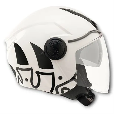 Casco jet Malossi di colore bianco e grafiche nere con taglia L, ricambio 3915640W5
