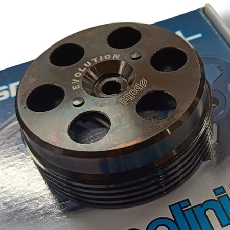 Campana frizione Polini in acciaio con sistema di rigatura per dissipare meglio il calore sui ciclomotori Piaggio Ciao, Si, Bravo, Grillo, Boxer, SuperBravo, Cba ricambio 250042