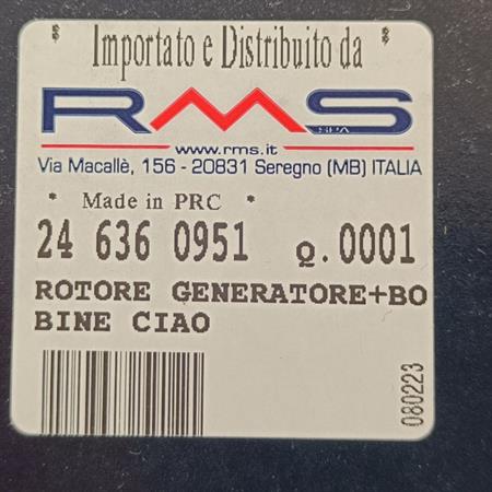 Volano rotore generatore RMS completo di bobina alimentazione e bobina luci per Piaggio  Ciao, Si, Boxer, Bravo con accensione a puntine, ricambio 246360951