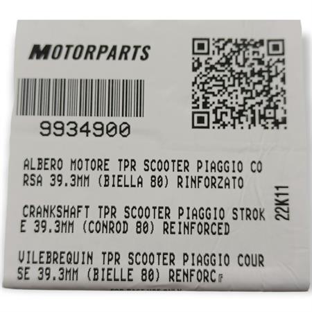 Albero motore TOP Performance TPR rinforzato corsa 39,3 mm e biella 80 mm per scooter con motore Piaggio raffreddati ad aria e liquido, ricambio 9934900