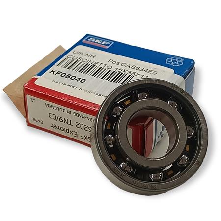 Cuscinetto di banco SKF con gabbia in teflon alta velocità sigla 6202TN9-C3 e misura 15x35x11 mm distribuito da Motorparts top performance, ricambio KF05040